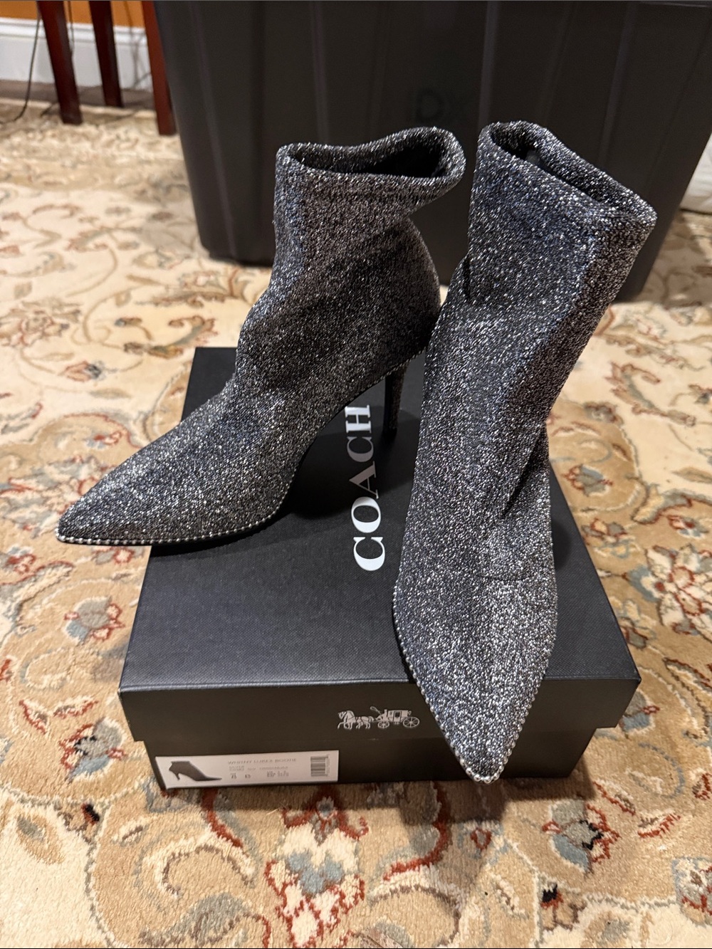 Coach Metallic Glitter Pointed Sock Booties in Silver-Black